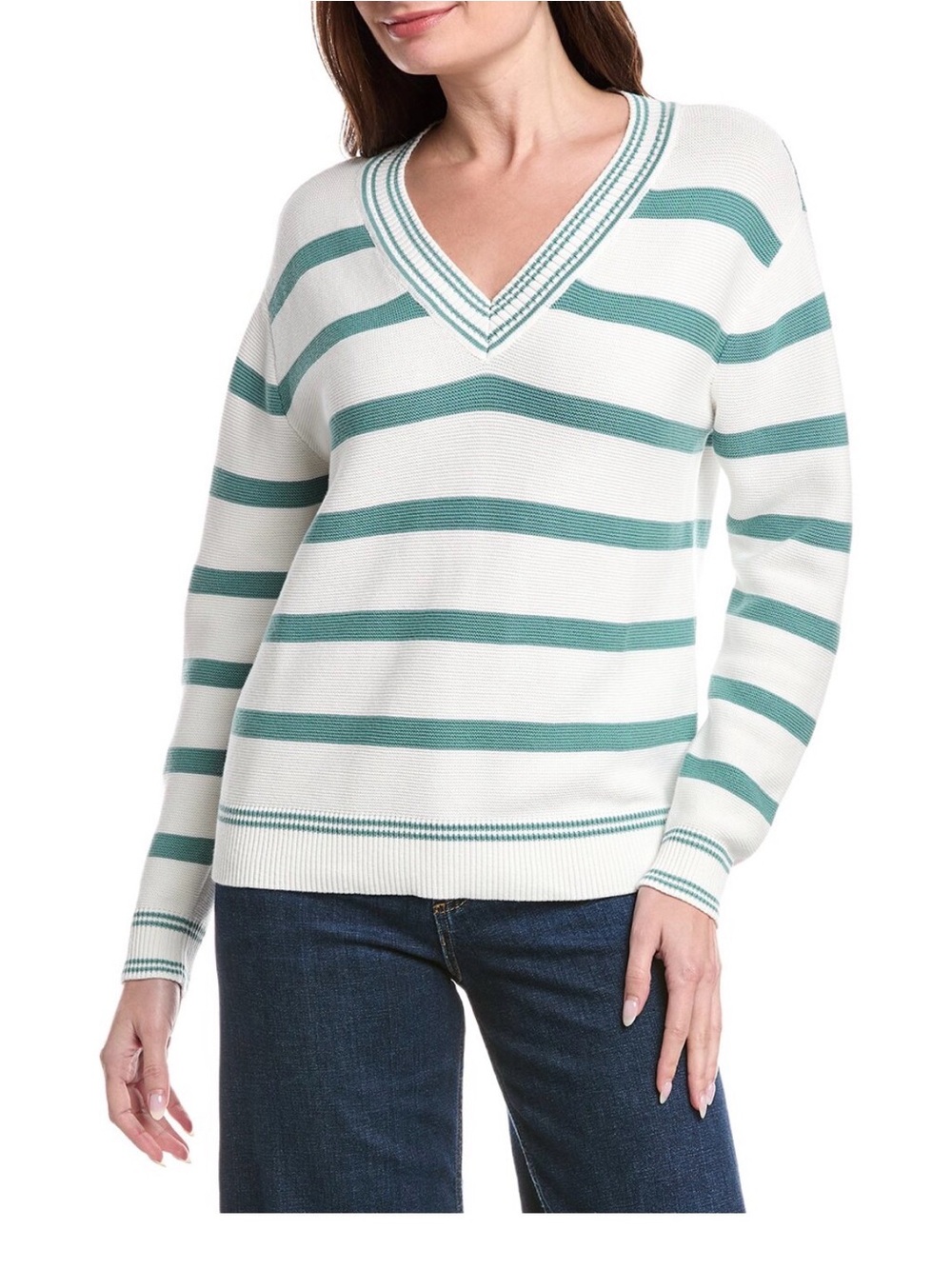 NWOT! CAbi Arena V-Neck Pullover White and Teal Striped V-Neck Sweater Sz. M - Picture 3 of 5